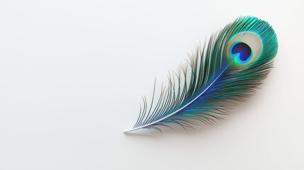 Obraz premium A vibrant peacock feather resting on a light background, showcasing its stunning colors and intricate patterns.