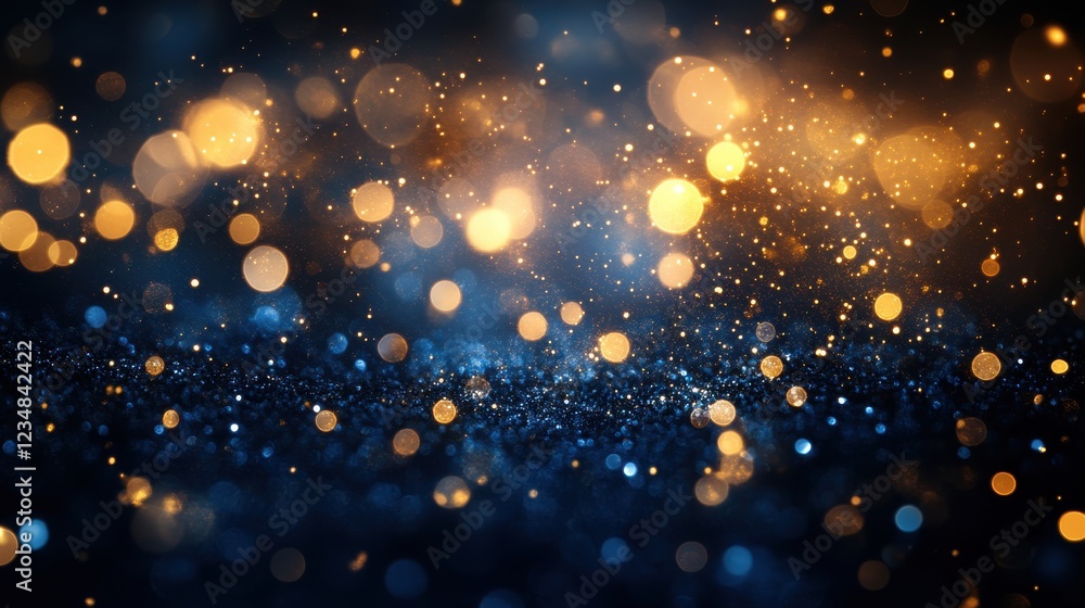 Poster bokeh light reflections creating a deep blue and gold abstract background texture