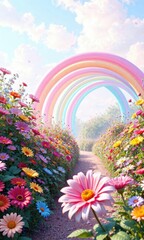 Obraz premium Pastel rainbow hues in a garden with colorful flowers, green, flower