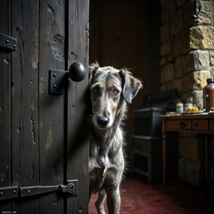 Fototapeta premium A curious dog peeks through a partially open wooden door, displaying a cautious yet inquisitive expression