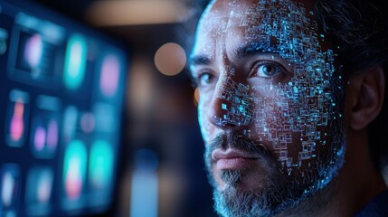 Man analyzing data with facial recognition tech in control room