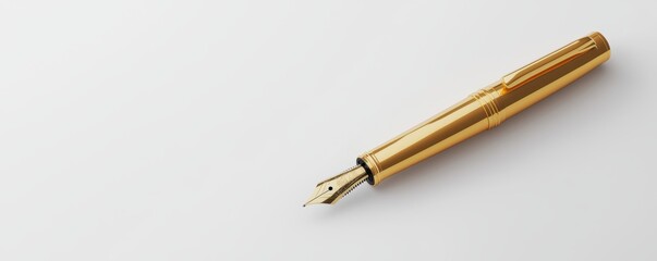 A sleek golden fountain pen rests on a minimalist white background, showcasing elegance and craftsmanship.