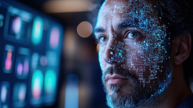 Man analyzing data with facial recognition tech in control room