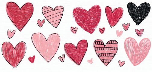 A playful illustration of various hearts in shades of red and pink, showcasing different patterns and sizes, perfect for expressing love and affection.