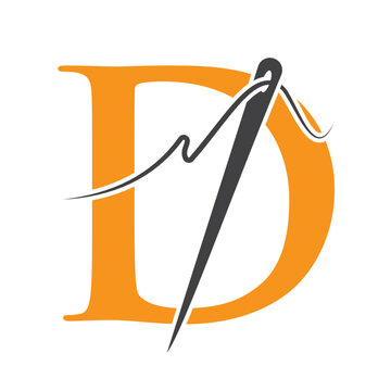 Letter D Sewing Needle Logo Design for Embroider, Textile, Fashion, Cloth, Fabric Symbol