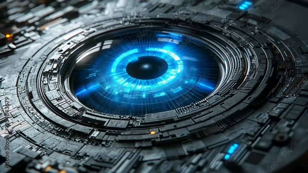 Poster intricate futuristic design featuring a glowing circular core with intricate details and vibrant blu