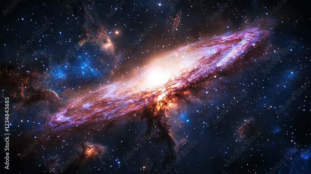 Poster large galaxy and colorful cosmic nebula in deep space with vivid swirling patterns