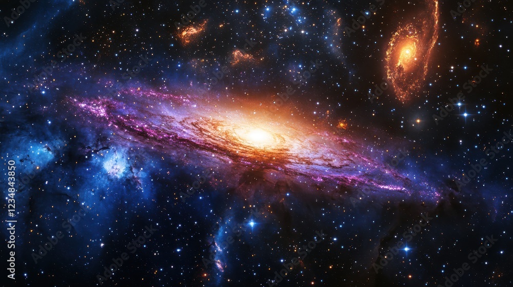 Poster large galaxy and vivid cosmic nebula in deep space with swirling colors and patterns