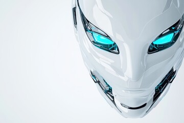 A futuristic robotic head with glowing blue eyes, showcasing sleek design and intricate internal mechanics against a minimalist background.