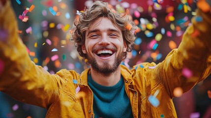 happy and lucky lottery winner celebrates online cashback rewards, digital jackpot success, and festive vibes with joy, achievement, and cheerful atmosphere