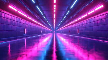 Neon lit tunnel with reflective surfaces and long floor in a cyberpunk style environment