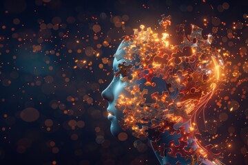 Human head constructed from puzzle pieces with glowing neural pathways representing neuroplasticity