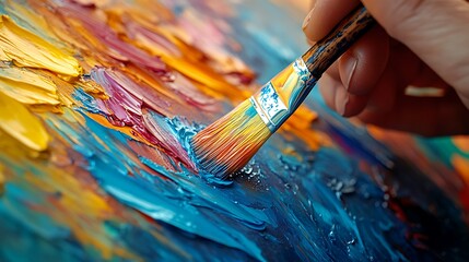 Fototapeta premium Close-Up of Artist's Brush on Vibrant Canvas Painting