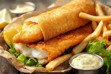 Crispy Fish Sandwich Served with Fries in a Basket
