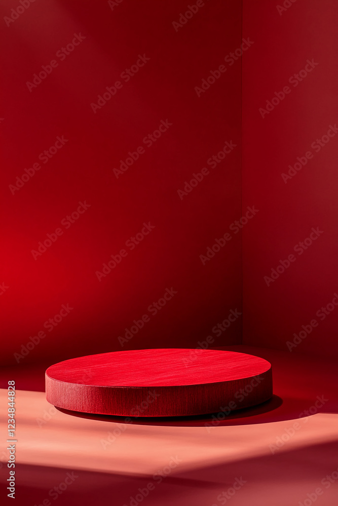 Poster Minimalist round pedestal with soft lighting and shadow, showcasing a clean and modern space for product or art display, symbolizing simplicity and elegance.