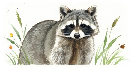 Fototapeta premium Charming raccoon illustration surrounded by lush greenery and flowers