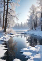 Snow-covered landscape with frozen lake and trees, serene, frozen lake