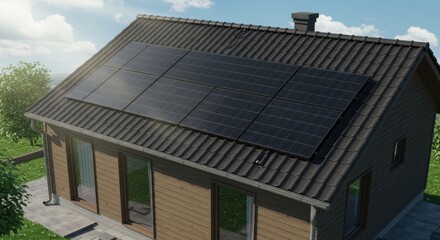 Modern house with solar panels on the roof, surrounded by greenery