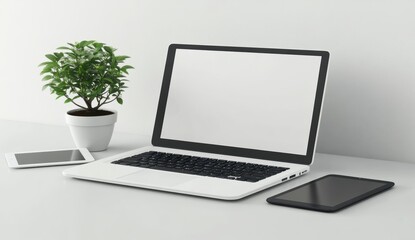 Fototapeta premium 3D rendering of a laptop mockup with a blank screen, white background.