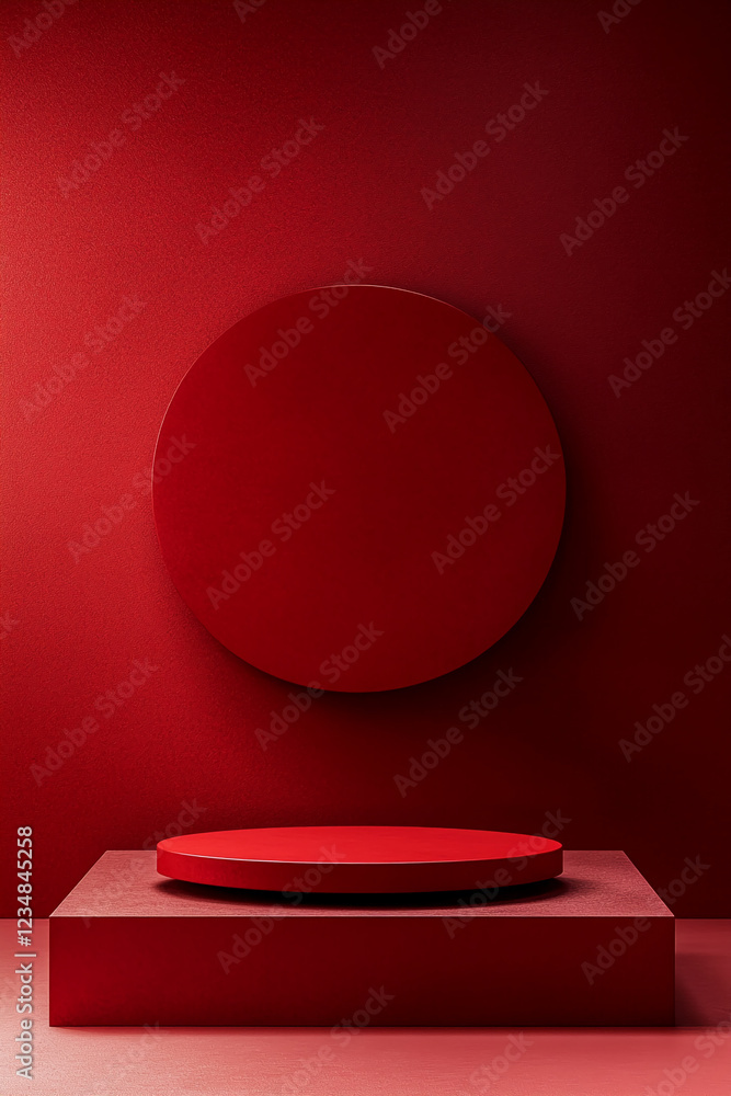 Poster red geometric pedestal with circular and square shapes against a red background, showcasing minimali