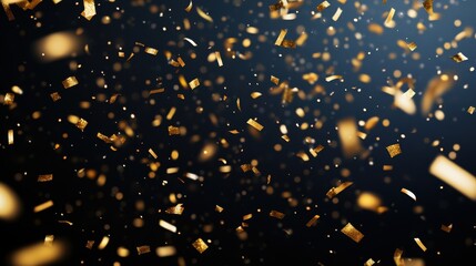 Golden confetti pieces floating on a black background creating a festive atmosphere