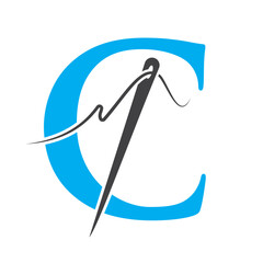 Letter C Sewing Needle Logo Design for Embroider, Textile, Fashion, Cloth, Fabric Symbol