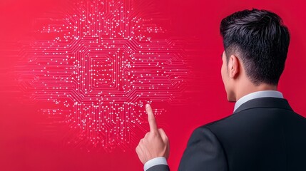 Businessman Interacting With Glowing Circuit Board Graphic on Red Background