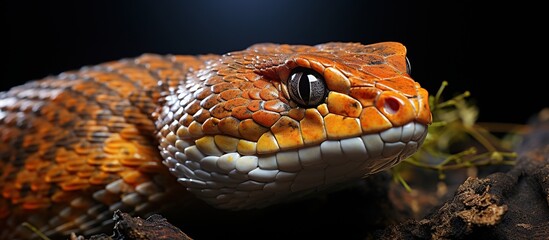 Obraz premium Close-up portrait of a red headed viper on a black background.