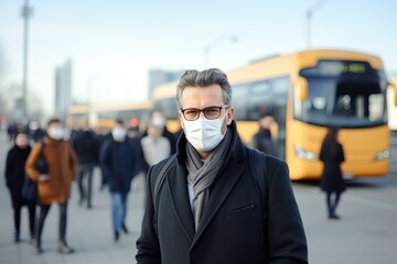 Businessman wearing protective face mask waiting at bus stop during coronavirus pandemic
