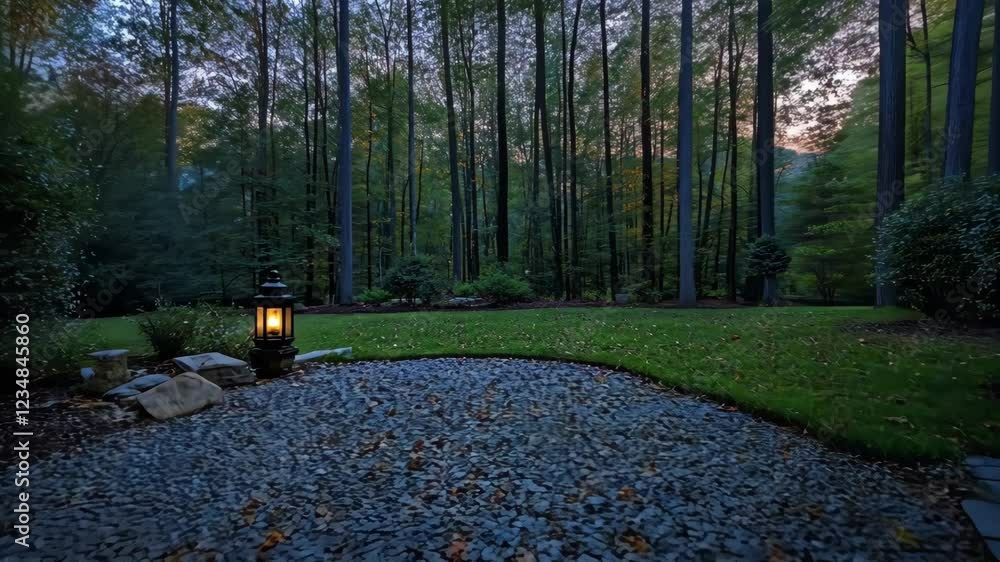 Poster serene evening in a forest with a lantern illuminating a gravel path and tall trees in the backgroun
