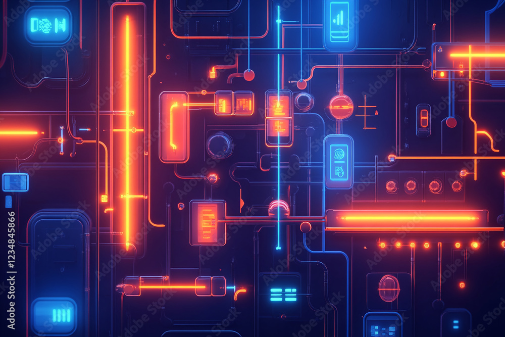 Aufkleber abstract digital circuitry with neon glowing lines and blocks, showcasing futuristic technology, glo