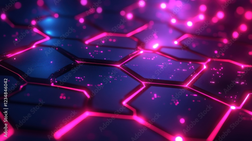 Poster close up of a computer keyboard with pink lights and geometric patterns in neon colors