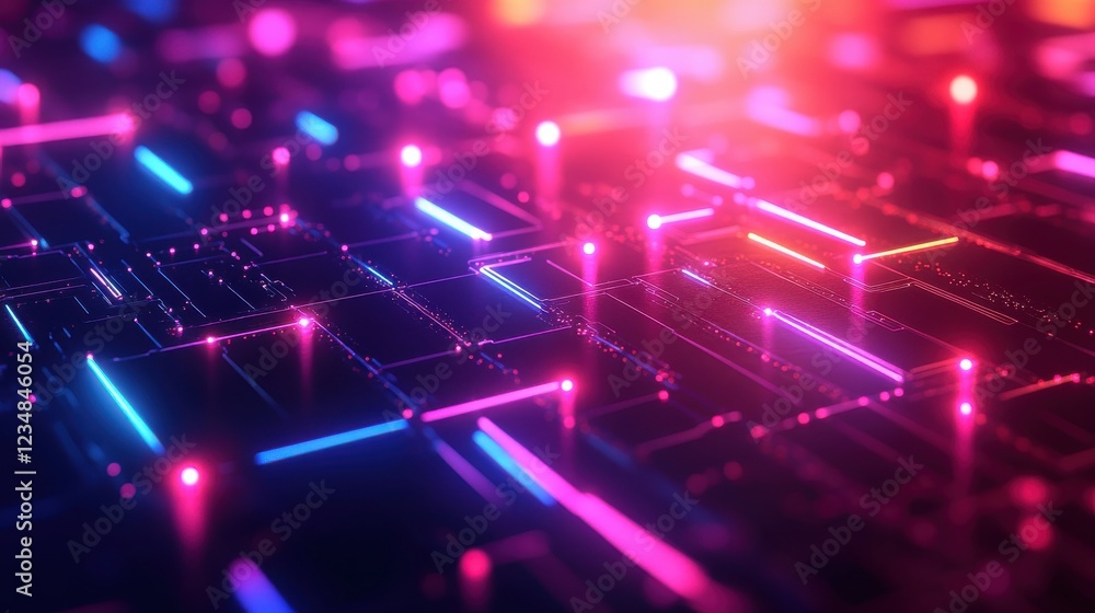 Poster futuristic computer keyboard with glowing lights and ai geometric patterns in neon colors