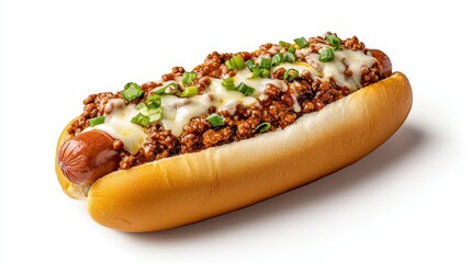 Chili Cheese Hot Dog with Green Onions on Toasted Bun