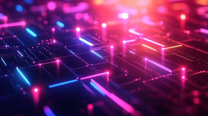 Futuristic computer keyboard with glowing lights and ai geometric patterns in neon colors