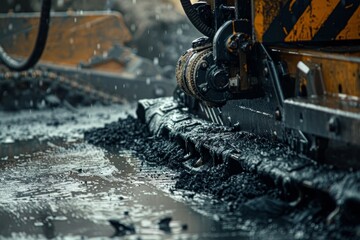 Asphalt paving equipment in action  even distribution of black tar and mechanical precision focus