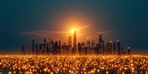 Fototapeta premium City Skyline at Sunset Warm Lights and Dark Silhouettes