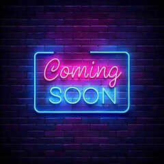 Obraz premium Vibrant neon coming soon sign glowing on a dark