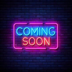 Vibrant neon coming soon sign glowing on a dark