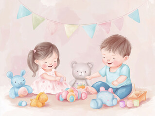 vector illustration of a baby boy and girl playing , with gentle pastel colors,