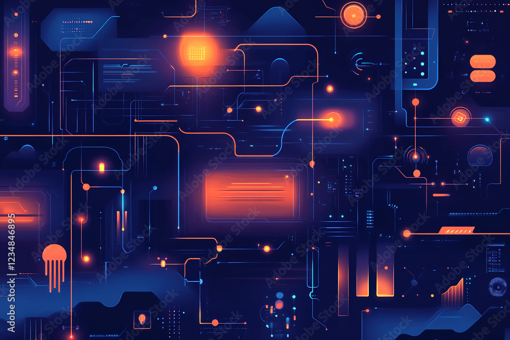 Poster abstract digital circuit background with glowing neon orange and blue lines and shapes representing 