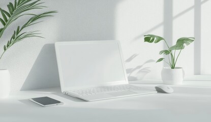 Fototapeta premium 3D rendering of a laptop mockup with a blank screen, white background.