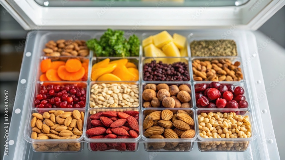 Poster ingredients for 3d food printing stored in transparent containers inside an open fridge, featuring a