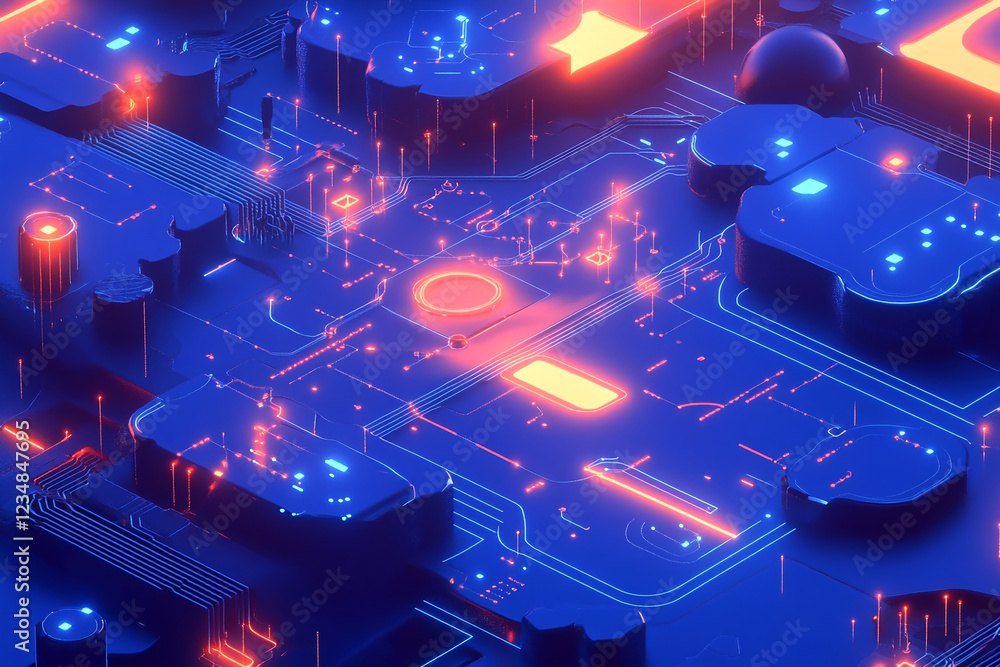 Poster Abstract view of a digital circuit with neon glowing lines and shapes, showcasing an advanced technological system with data transmission and glowing electronic components.