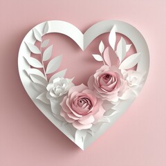 Beautiful heart-shaped paper wreath adorned with delicate pink and white roses and leaves perfect for romantic or decorative themes