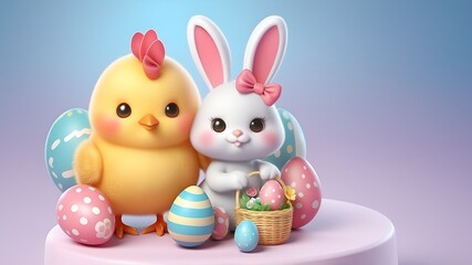 3d cute easter chicken and bunny with eggs