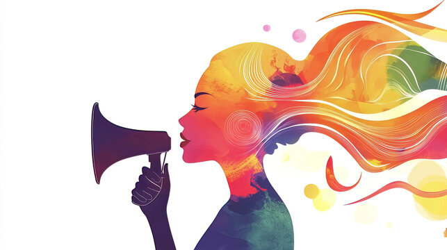 Women history honors heritage and diversity. It marks progress and inspires celebration. Woman Silhouette with Colorful Hair and Megaphone Illustration
