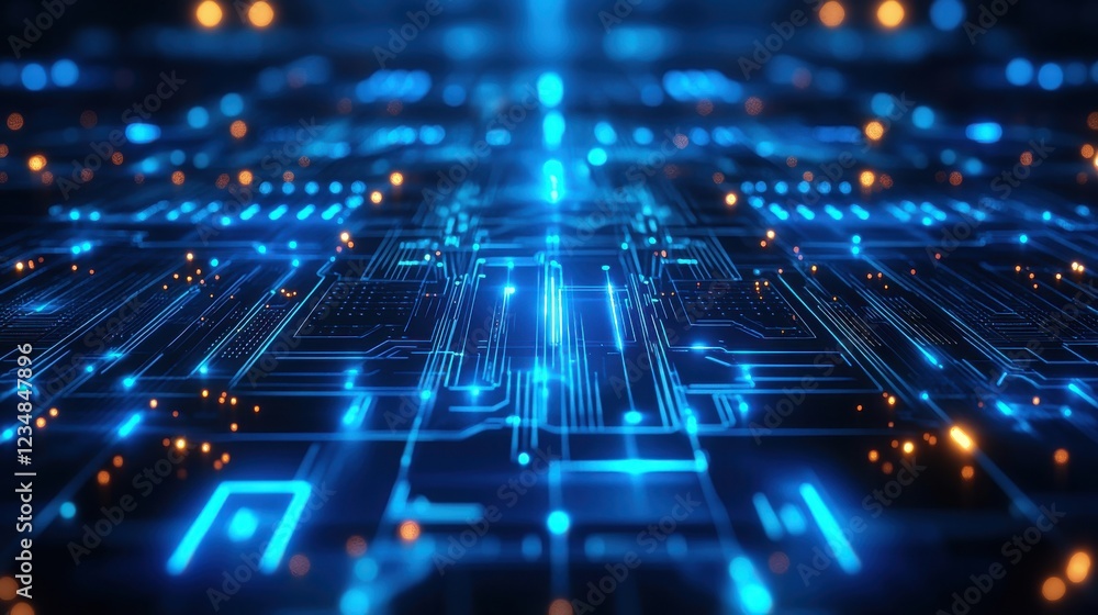 Poster computer circuit board with glowing blue lights and intricate cybernetic design elements