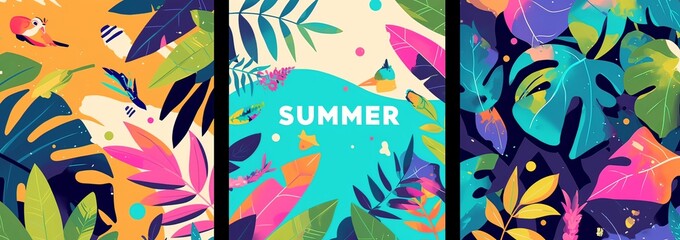 Three summer posters with bold "SUMMER" text, colorful abstract shapes in pink, yellow, green, blue, and purple