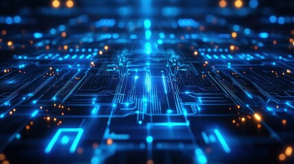 Fototapeta premium Computer circuit board with glowing blue lights and intricate cybernetic design elements